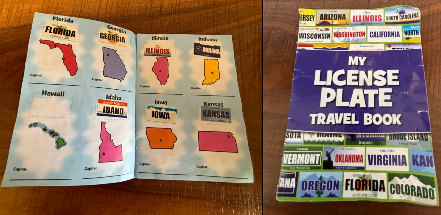 A sticker book with state license plates