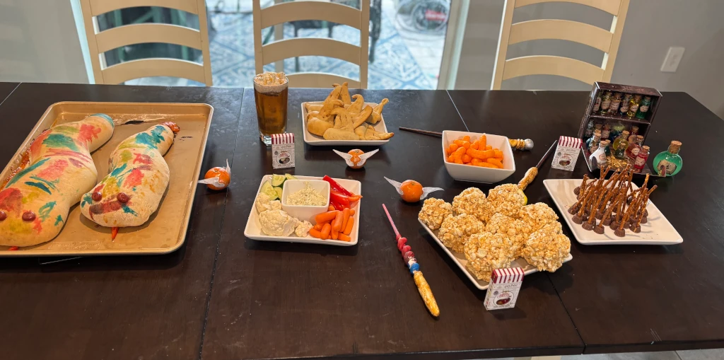 An array of themed food on a table