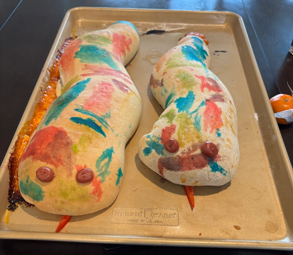 Calzones shaped like a snake