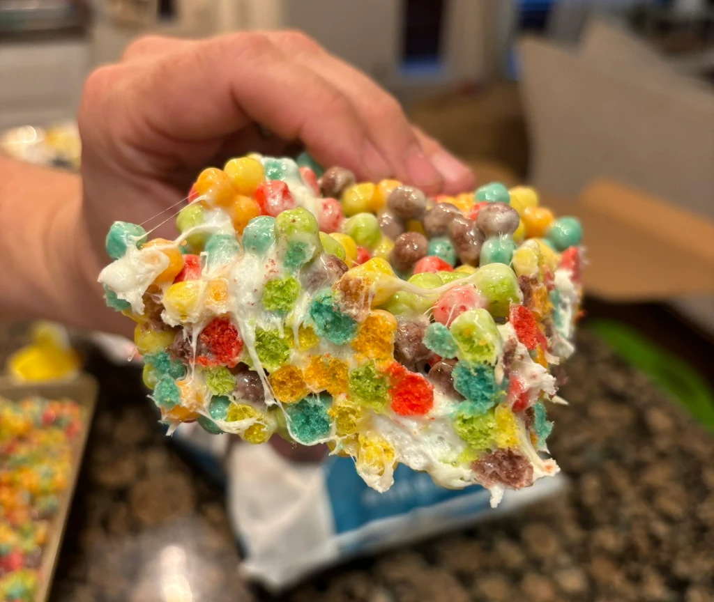 Rice crispy treats made with colorful cereal