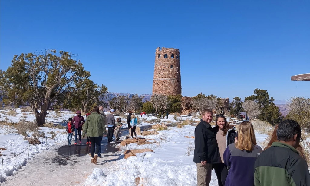 A stone tower in the distance