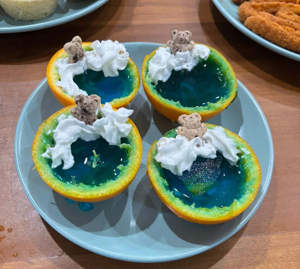 Orange peels with jello and teddy grams