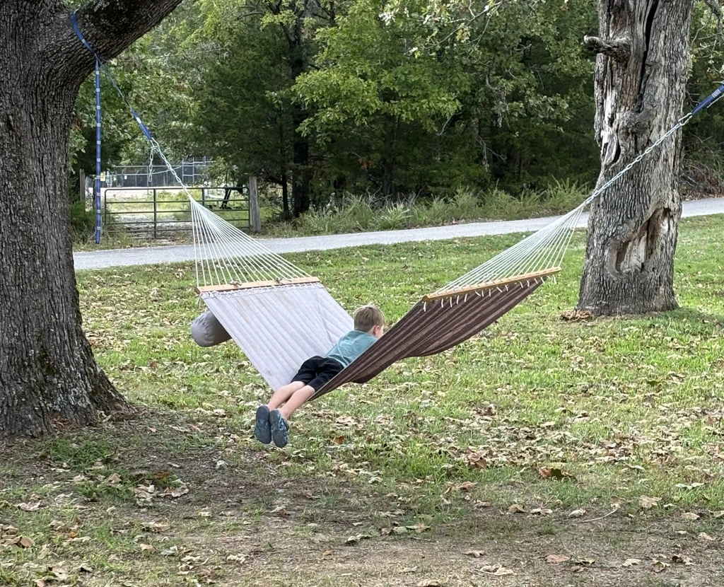 A boy laying on a hammock