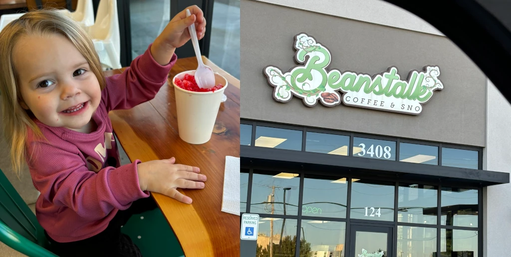 Two pictures side-by-side. On the left a little girl enjoying a snow cone and on the right the front of a shop that says 'Beanstalk Coffee and Sno'