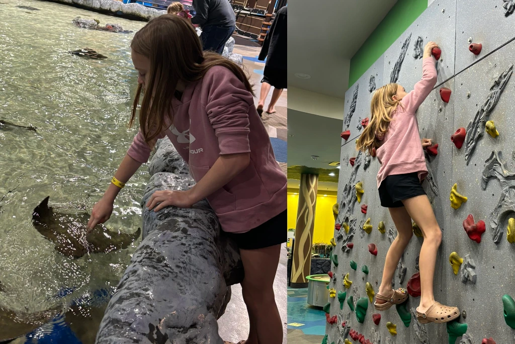 Two images side-by-side. On the left a girl petting a ray and on the right a girl scaling a rock climbing wall.