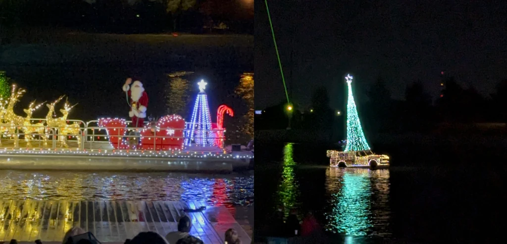 Two pictures side-by-side. On the left a boat with Santa Clause and on the right a boat that looks like a truck with a large Christmas tree make out of lights.