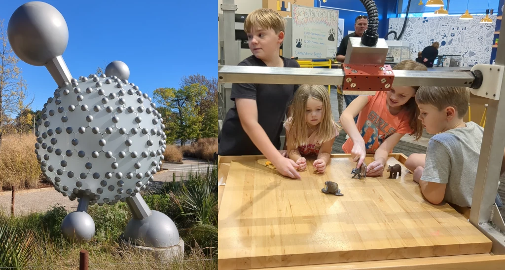 Two pictures side-by-side. On the left a sculpture of an atom and on the right a group of kids making a stop-motion video.