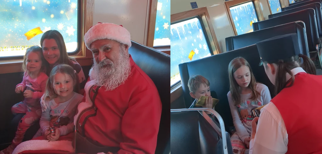 Two pictures side-by-side. On the right a mom and her daughters sitting beside Santa Clause and on the left two kids getting their tickets punched.