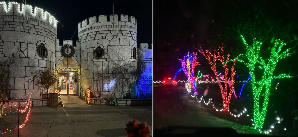 Two images of Christmas lights. On the left is a castle with lights and on the right several tree wrapped with lights.