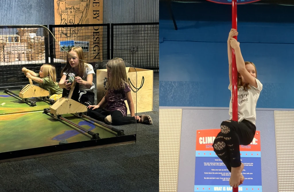 Two images side-by-side. On the left girls playing with catapults and on the right a girl climbing a pole.