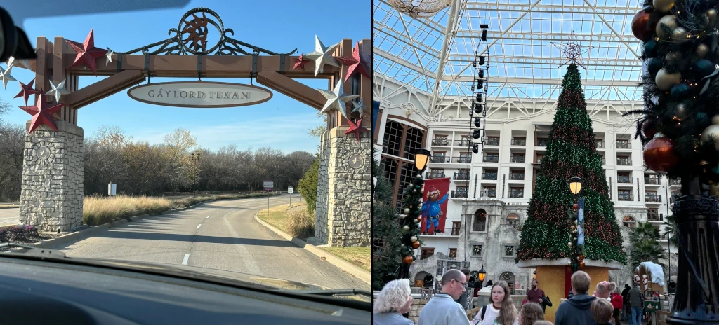 Two images side by side. On the left, a sign that says 'Gaylord Texan'. On the right the inside of the Gaylord Texan resort with a giant Christmas Tree